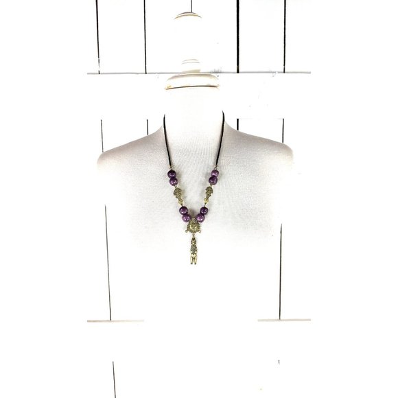 Tribal purple glass beaded gold metal Aztec Mayan style bead necklace - Picture 3 of 5